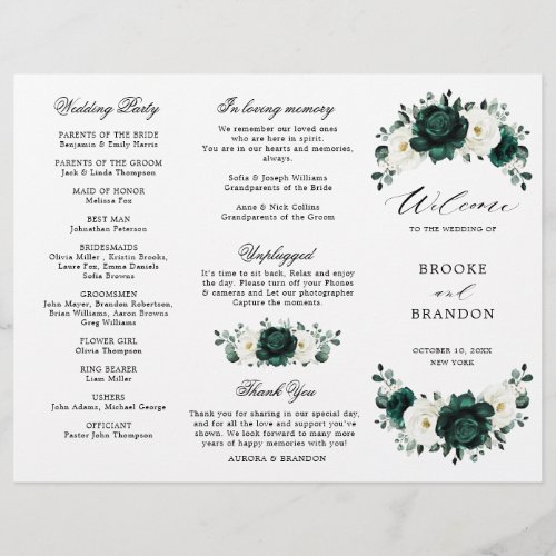 Emerald Greenery Floral Wedding Tri_Fold Program 