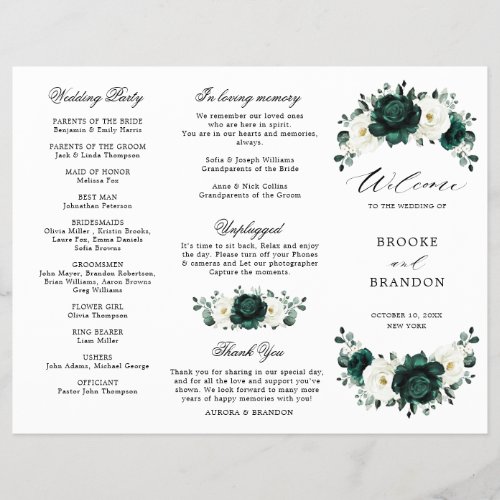Emerald Greenery Floral Wedding Tri_Fold Program 