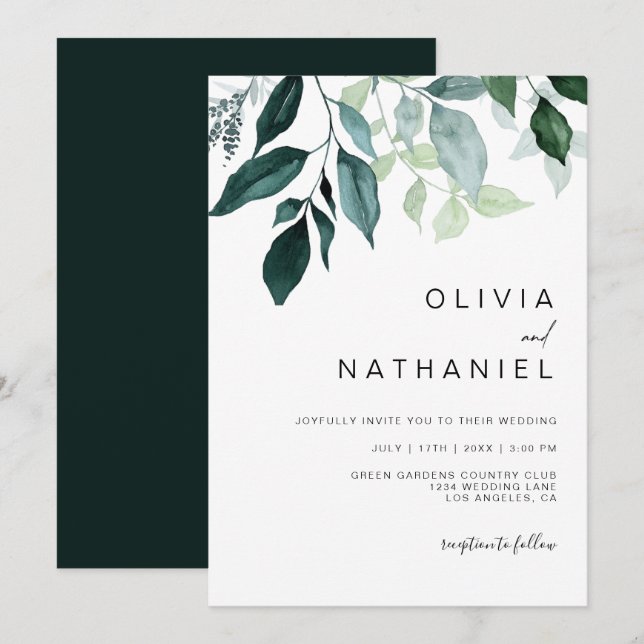 Emerald Greenery Foliage Leaves Botanical Wedding Invitation (Front/Back)