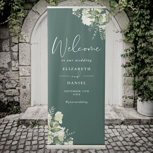 Emerald Greenery Foliage Wedding Welcome Retractable Banner
