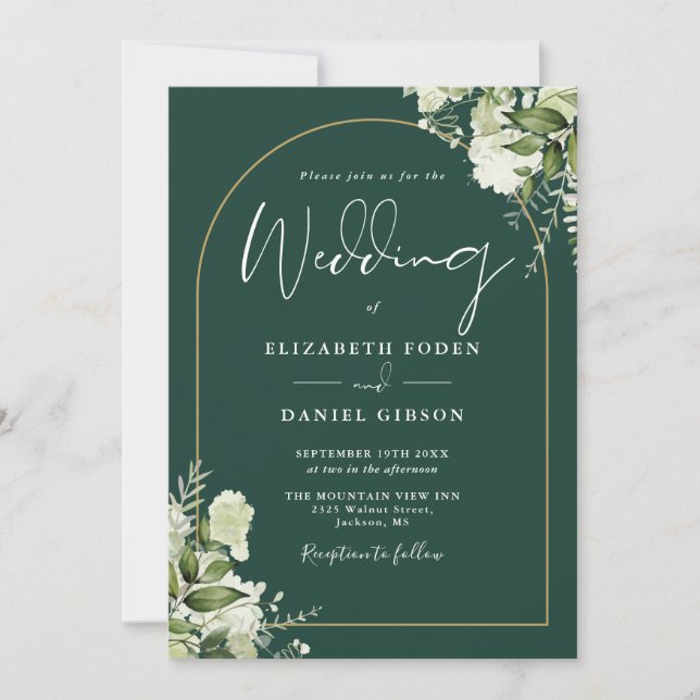 Emerald Greenery Gold Arch Monogram Wedding Invitation (Front)