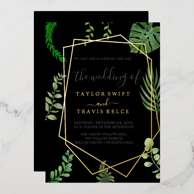 Emerald Greenery | Gold Foil Black Casual Wedding  Foil Invitation (Front/Back)