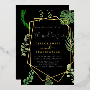 Emerald Greenery   Gold Foil Black Casual Wedding  Invitation