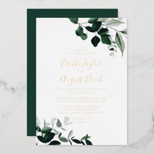 Emerald Greenery  Gold Foil Families Wedding Foil Invitation