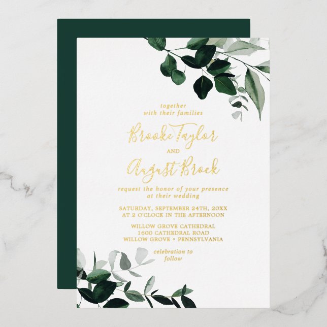 Emerald Greenery | Gold Foil Families Wedding Foil Invitation (Front/Back)
