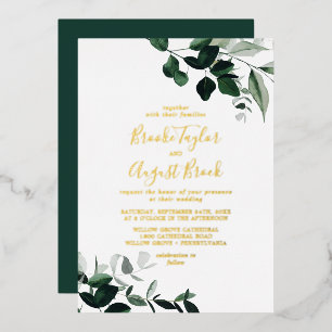 Emerald Greenery   Gold Foil Families Wedding Invitation