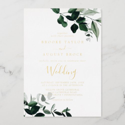 Emerald Greenery  Gold Foil Wedding Foil Invitation