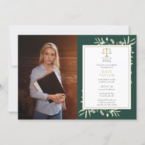 Emerald Greenery Gold Law School Graduation Photo Invitation