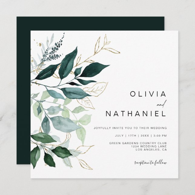 Emerald Greenery Gold Leaf Foliage Wedding Invitation (Front/Back)