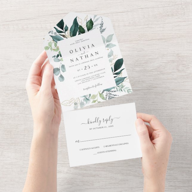Emerald Greenery Gold Leaf Wedding All In One All In One Invitation (Tearaway)