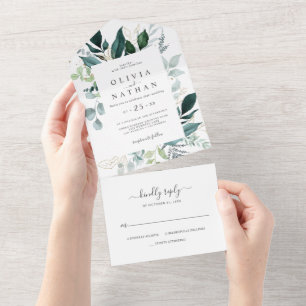 Emerald Greenery Gold Leaf Wedding All In One Invitation