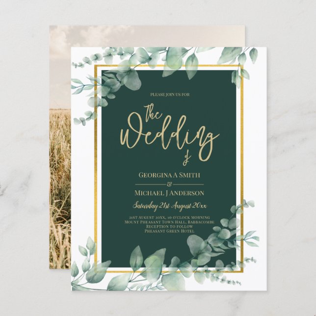 Emerald Greenery Gold PHOTO WEDDING INVITATION (Front/Back)