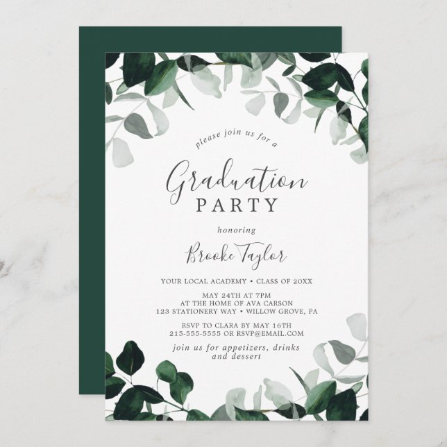 Emerald Greenery Graduation Party Invitation (Front/Back)