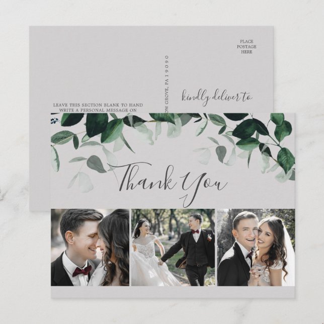 Emerald Greenery | Gray 3 Photo Thank You Postcard (Front/Back)