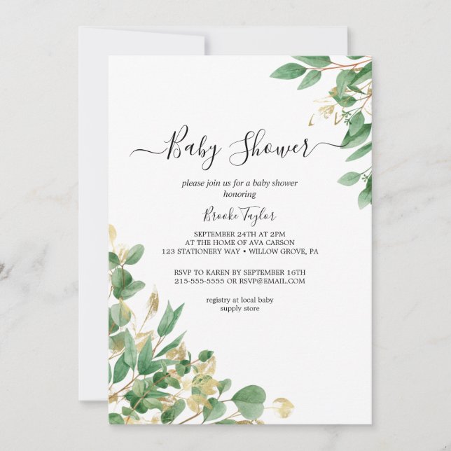 Emerald Greenery | Gray Baby Shower Invitation (Front)