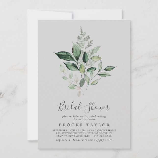 Emerald Greenery | Gray Bridal Shower Invitation (Front)
