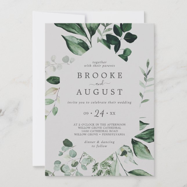 Emerald Greenery | Gray Casual Wedding Invitation (Front)