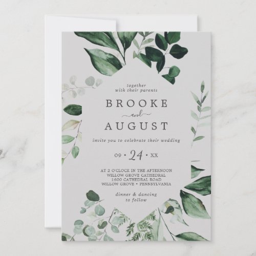 Emerald Greenery  Gray Casual Wedding Invitation
