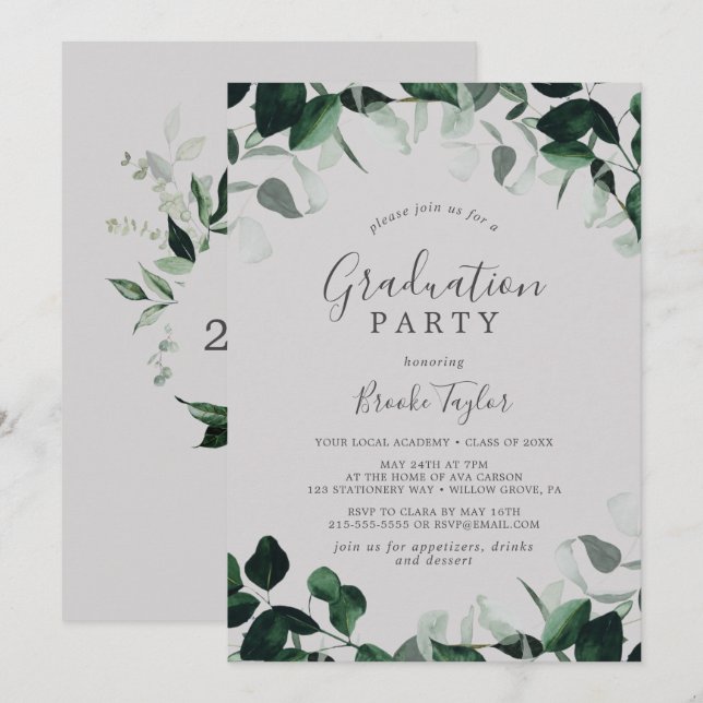 Emerald Greenery | Gray Graduation Party Invitation (Front/Back)