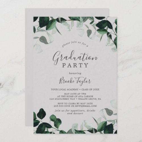 Emerald Greenery  Gray Graduation Party Invitation