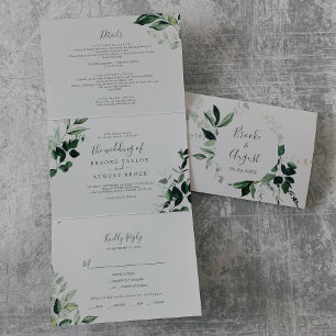 Emerald Greenery Gray Photo Wedding All In One Tri-Fold Invitation