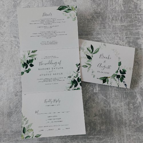 Emerald Greenery  Gray Photo Wedding All In One Tri_Fold Invitation