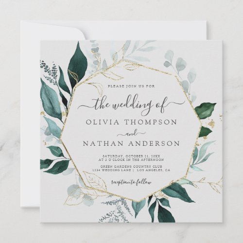 Emerald Greenery Gray Square Gold Leaf Wedding  Invitation