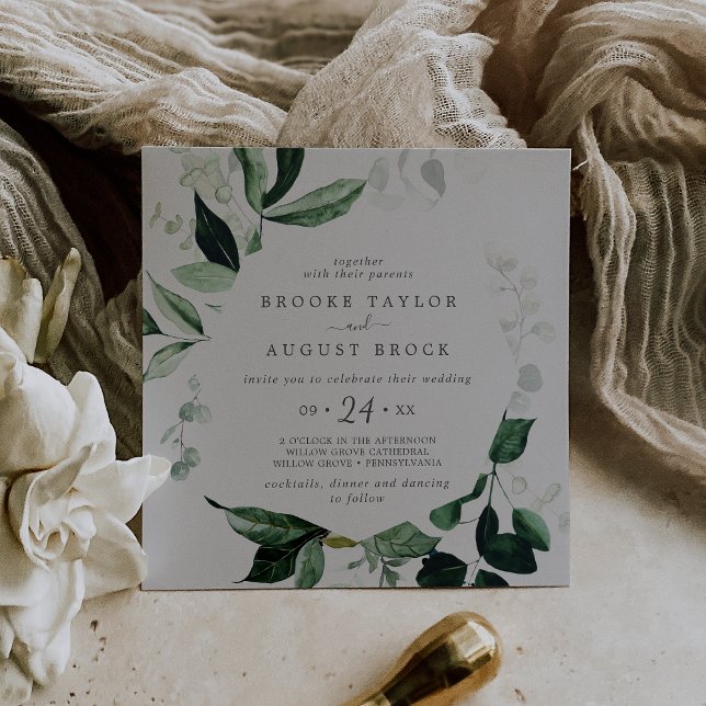 Emerald Greenery | Gray Square Wedding Invitation (Creator Uploaded)