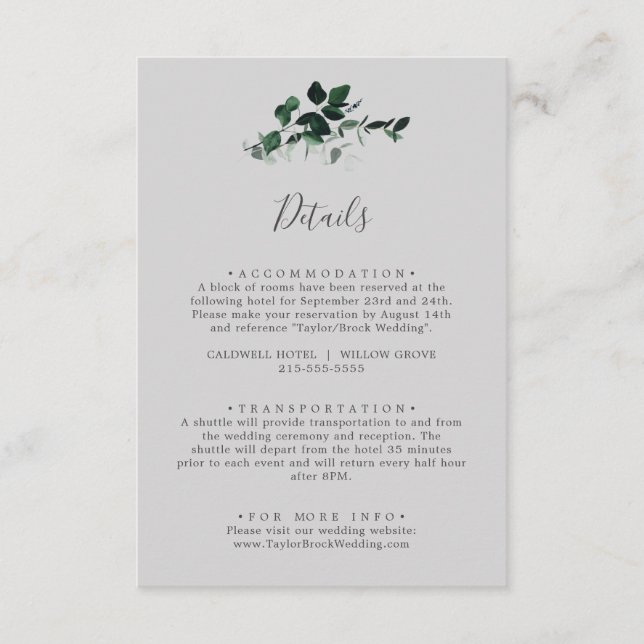 Emerald Greenery | Gray Wedding Details Enclosure Card (Front)