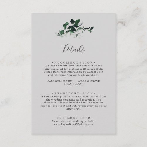Emerald Greenery  Gray Wedding Details Enclosure Card