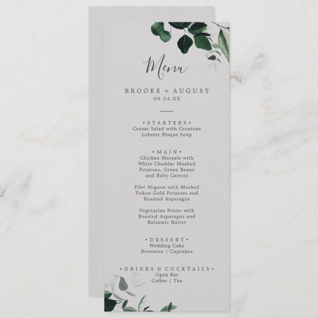 Emerald Greenery | Gray Wedding Dinner Menu (Front/Back)