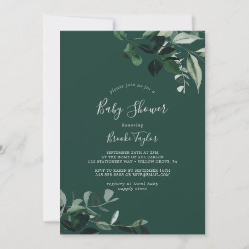 Emerald Greenery  Green Baby Shower Invitation