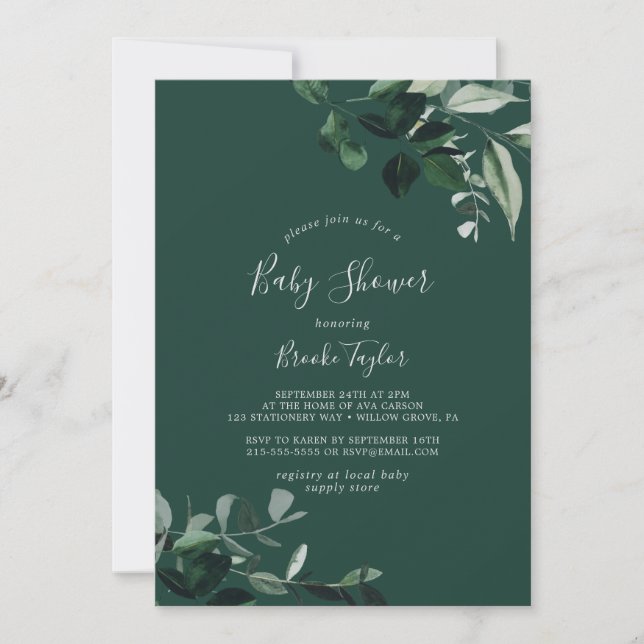 Emerald Greenery | Green Baby Shower Invitation (Front)