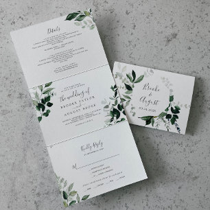 Emerald Greenery   Green Back Wedding All In One Tri-Fold Invitation