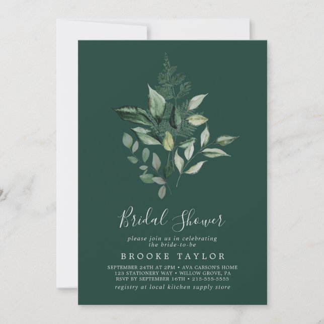 Emerald Greenery | Green Bridal Shower Invitation (Front)