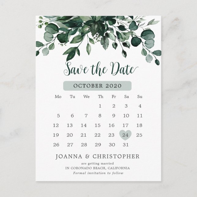 Emerald Greenery Green Eucalyptus Save the date  Postcard (Front)