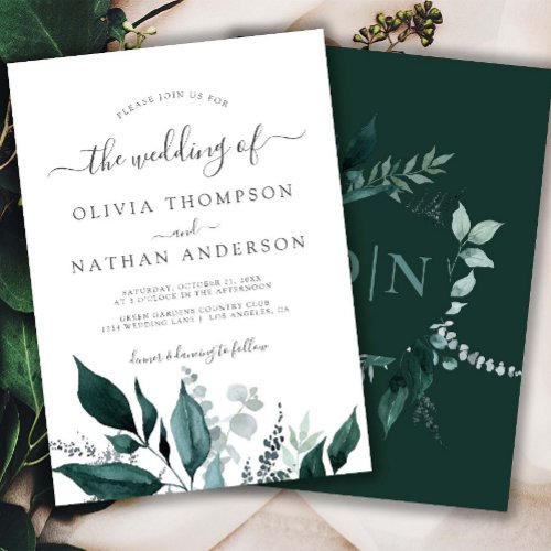 Emerald Greenery Green Garden Monogram Wedding  Invitation