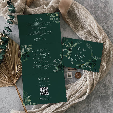 Emerald Greenery | Green Photo Qr Code Wedding Tri-fold Invitation