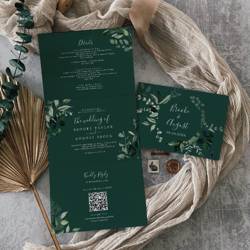 Emerald Greenery  Green Photo QR Code Wedding Tri_Fold Invitation