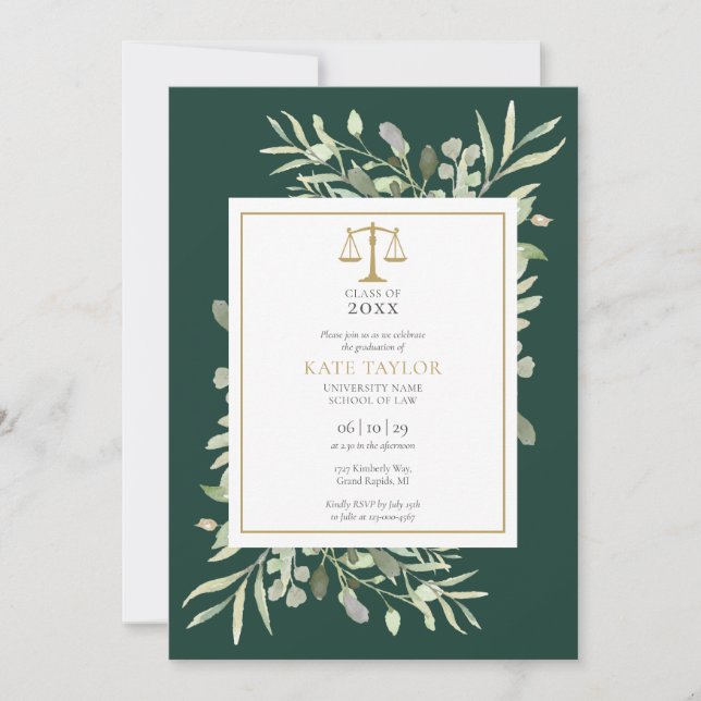 Emerald Greenery Law School Graduation Photo Invit Invitation (Front)