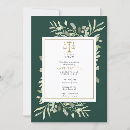 Emerald Greenery Law School Graduation Photo Invit Invitation