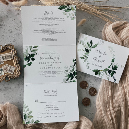Emerald Greenery | Leaf Back Wedding All In One Tri-fold Invitation
