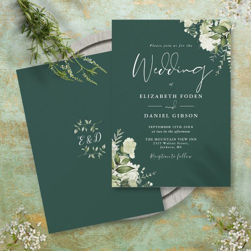 Emerald Greenery Leaves Monogram Wedding  Invitation