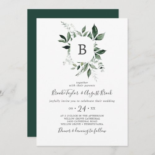 Emerald Greenery Monogram Wedding Invitation