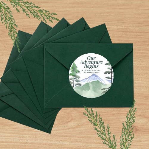 Emerald Greenery Mountain Pine Rustic Wedding  Classic Round Sticker