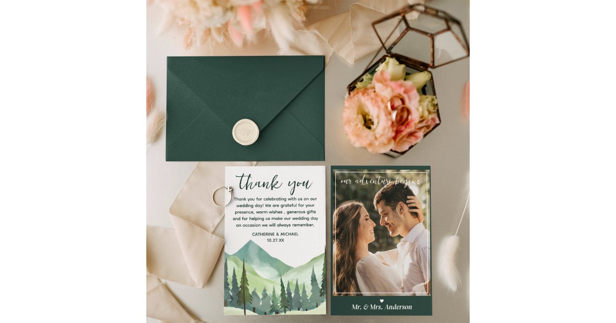 Emerald Greenery Mountain Pine Rustic Wedding Thank You Card | Zazzle