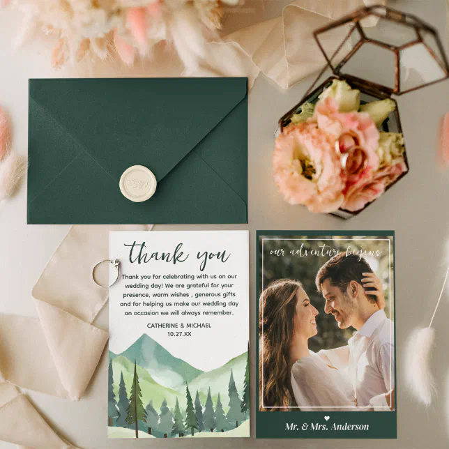 Emerald Greenery Mountain Pine Rustic Wedding Thank You Card | Zazzle