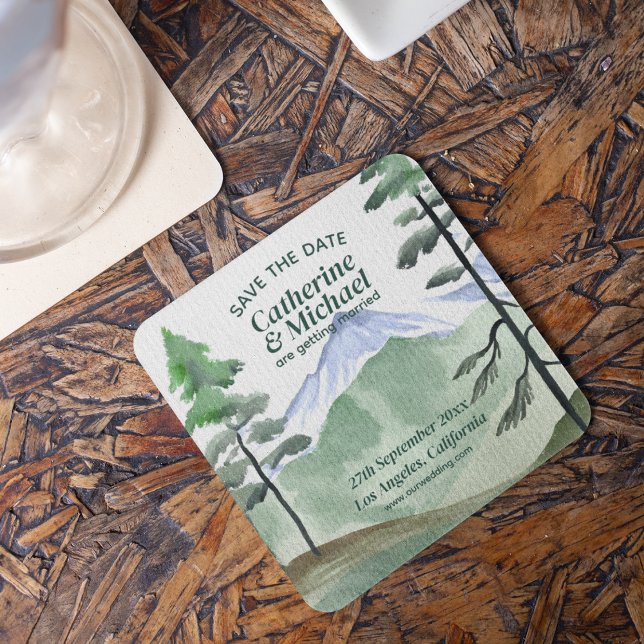 Emerald Greenery Mountain Pine Tree Save The Date  Square Paper Coaster (Creator Uploaded)
