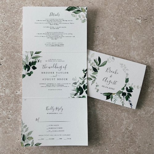 Emerald Greenery Photo Wedding All In One Tri_Fold Invitation