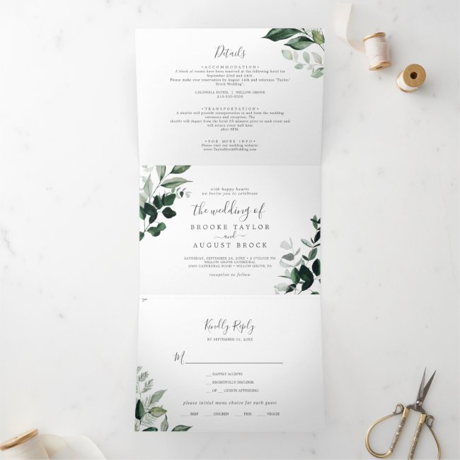 Emerald Greenery Photo Wedding All In One Tri-Fold Invitation